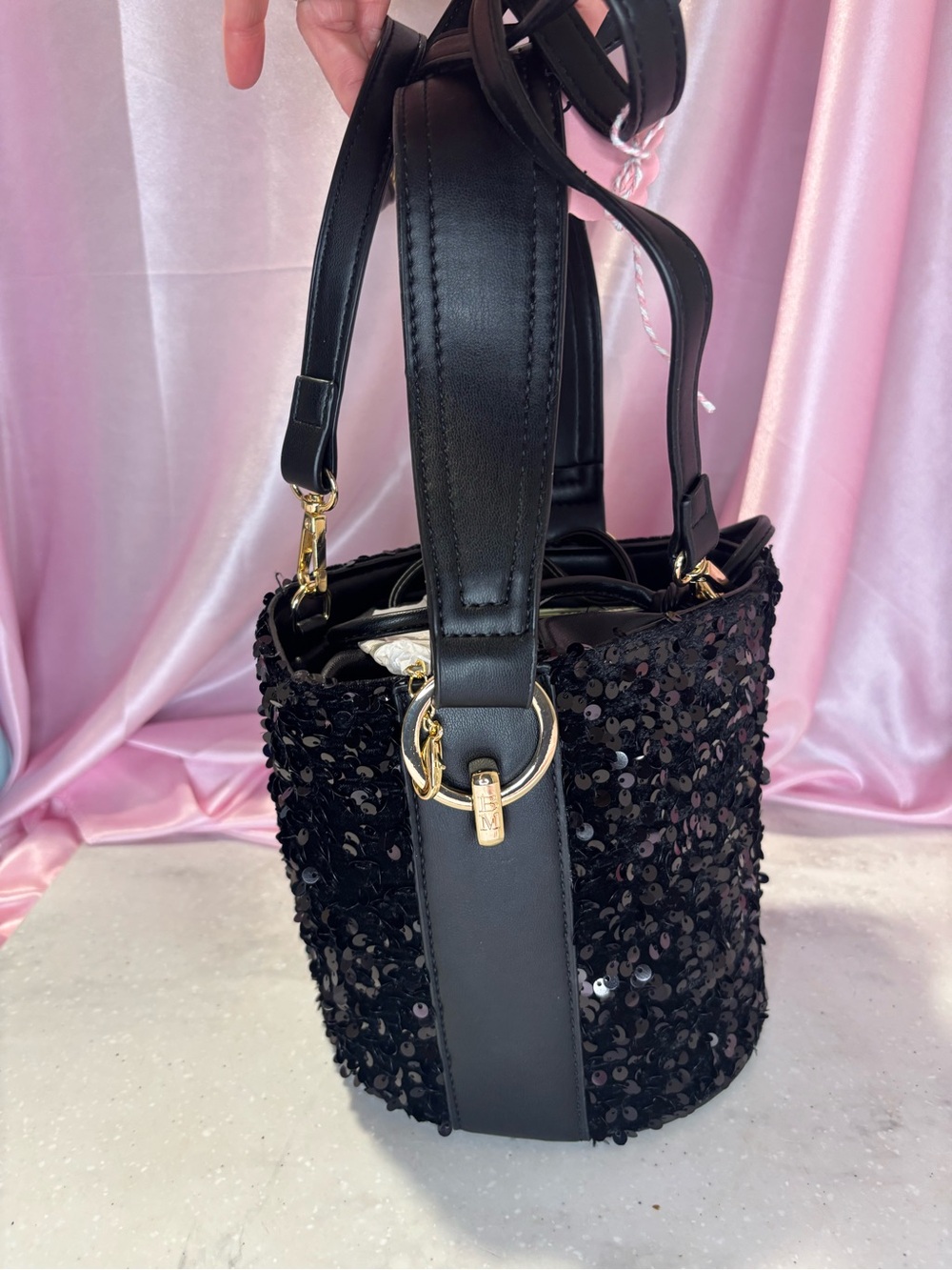 Badgley Mischka Black Sequin Mini Bucket Bag with Gold Hardware